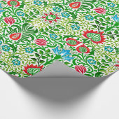 ジャコビーンフローラダマスク，緑とコーラルレッドラッピング ラッピングペーパー (角)