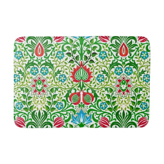 ジャコビーンフローラダマスク，緑とコーラルレッド バスマット (正面)