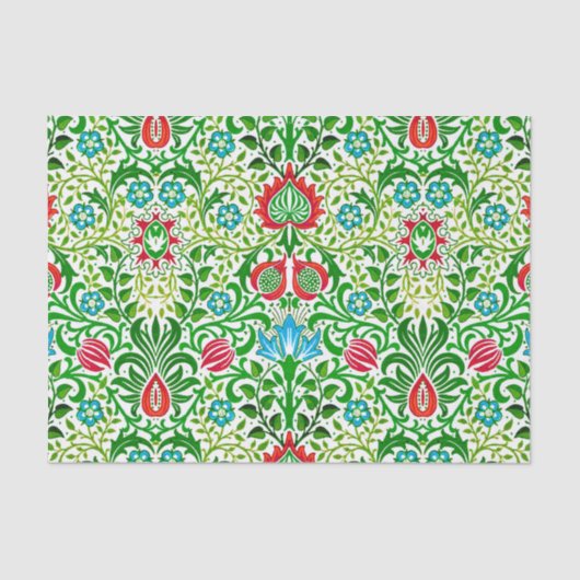 ジャコビーンフローラダマスク，緑とコーラルレッド 薄葉紙 (正面)