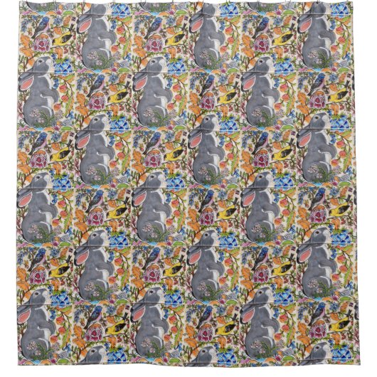 ジャコビーンフローラバニーウサギの鳥たちシャワーカーテン シャワーカーテン (正面)