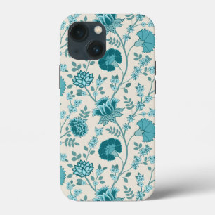 ジャコビーンフローラビッグパターンティール(緑がかった色)オンクリーム iPhone 13 MINIケース