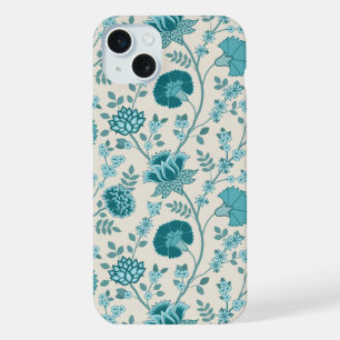 ジャコビーンフローラビッグパターンティール（緑がかった色）オンクリーム iPhone 15 PLUSケース