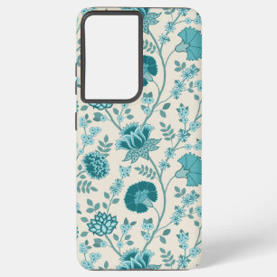 ジャコビーンフローラビッグパターンティール（緑がかった色）オンクリーム SAMSUNG GALAXY S21+ケース