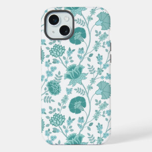 ジャコビーンフローラビッグパターンティール（緑がかった色）オン白 iPhone 15 PLUSケース