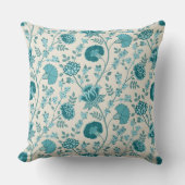 ジャコビーンフローラルティール（緑がかった色）オンクリーム クッション (正面)