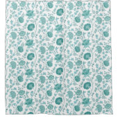 ジャコビーンフローラルパターンティール（緑がかった色）オンホワイト シャワーカーテン (正面)