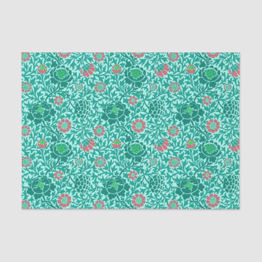 ジャコビーンフローラ壁紙、ターコイズ、アクア&サンゴ 薄葉紙 (正面)