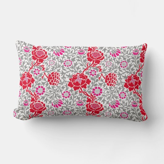 ジャコビーンフローラ、深いレッド、ピンクとグレーランバーパイ ランバークッション (正面)