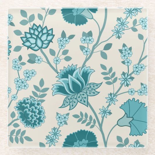 ジャコビーンフローラLgパターンティール(緑がかった色)オンクリーム ガラスコースター (正面)