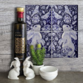 ジャコビーンラビットバーズフラワーブルーホワイトボトムR タイル