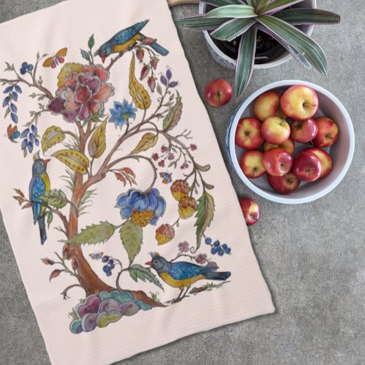 ジャコビーン赤面ピンクバードフローラフォークヴィンテージ キッチンタオル