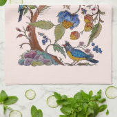 ジャコビーン赤面ピンクバードフローラフォークヴィンテージ キッチンタオル (折り畳み)