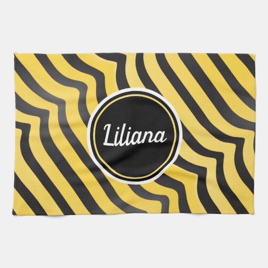 ジャジーキュートブラック&イエローストライプの（昆虫）マルハナバチ キッチンタオル (横)