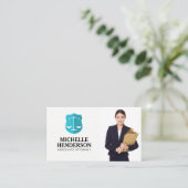 ジャスティスはかりで測 |ビジネス女性の保有フォルダー 名刺 (スタンド正面)