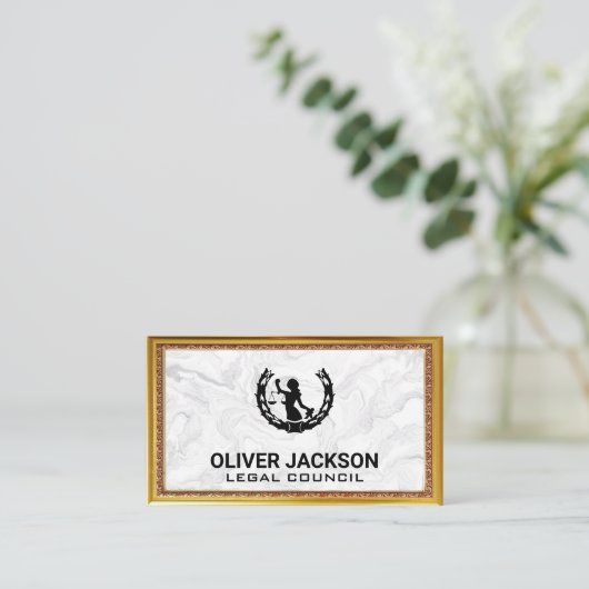 ジャスティスはかりで測 | 大理石金ゴールド縁どアンティーク枠 名刺 (スタンド正面)