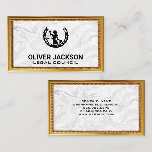 ジャスティスはかりで測 | 大理石金ゴールド縁どアンティーク枠 名刺 (正面/裏面)