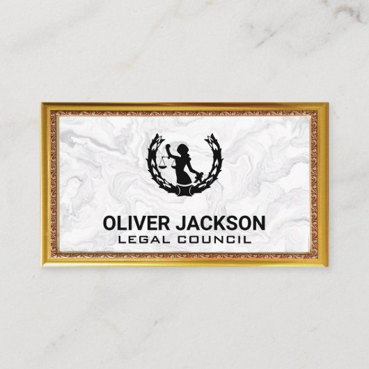 ジャスティスはかりで測 | 大理石金ゴールド縁どアンティーク枠 名刺 (正面)