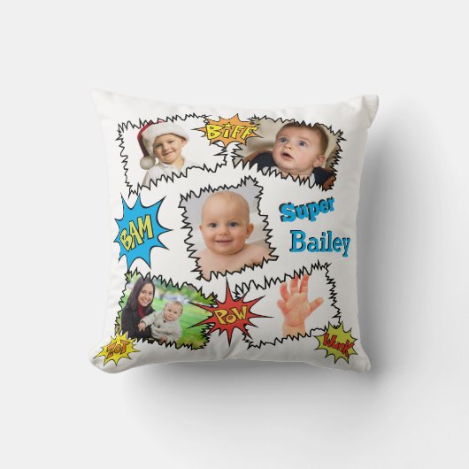 ジャスティススーパーヒーローフォトコラージュスピーチバブル クッション (正面)