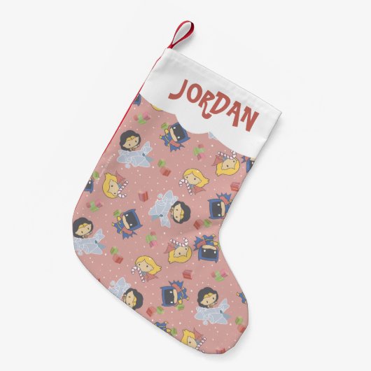 ジャスティスリーグチビ(小さくかわいく書いた感じ)ホリデープレゼントパターン スモールクリスマスストッキング (正面 (吊り時))