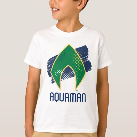 ジャスティスリーグ |ブラシとハーフトーンアクアマンシンボル Tシャツ (正面)