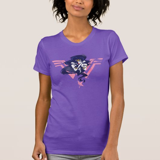 ジャスティスリーグ |女疑問に思性とシンボルポップ・アートのアート Tシャツ (正面)