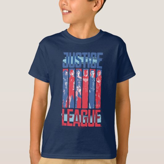 ジャスティスリーグ |青と赤のグループアーポップ・アートのト Tシャツ (正面)