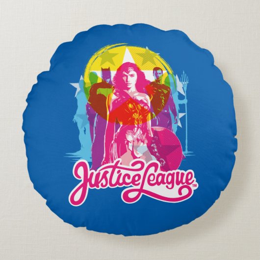 ジャスティス・リーグ |レトログループ&ロゴアーポップ・アートのト ラウンドクッション (正面)