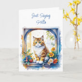 ジャストことわざこんにちは |花が咲く窓の猫 カード (黄色い花)