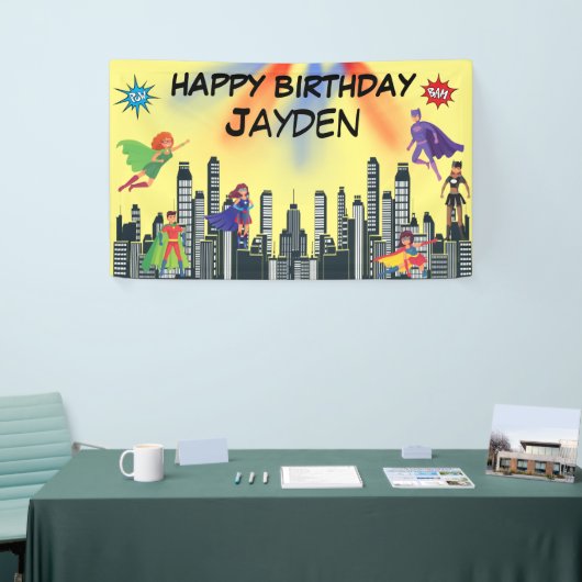 ジャスパーソナライズされたススーパーヒーローファカラフルブ 横断幕 (トレードショー)