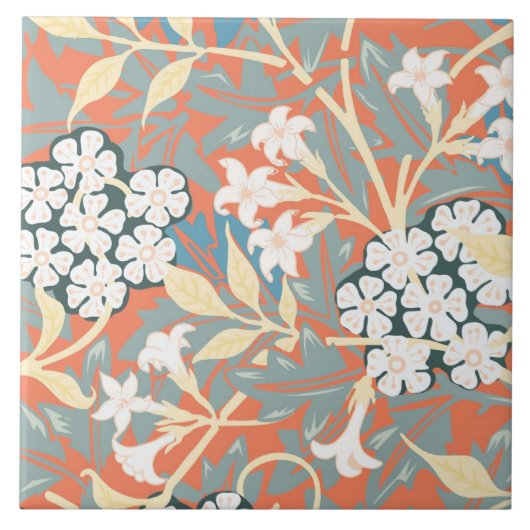 ジャスミンのイラストレーションブルー/ベージュ タイル (正面)