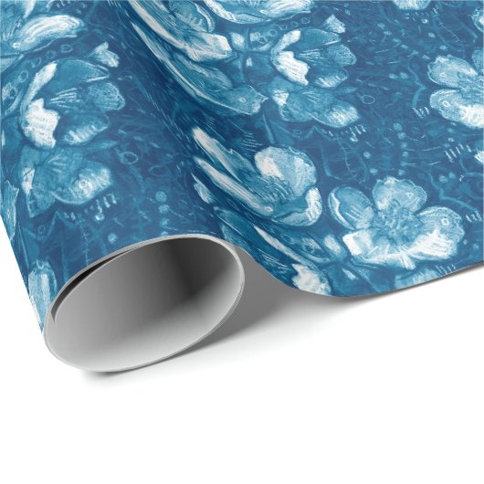 ジャスミン開花ヴィンテージ花花柄ブルー ラッピングペーパー (ロールコーナー)