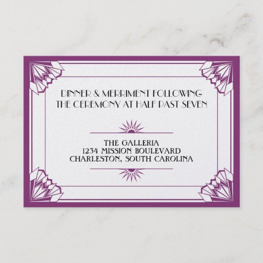 ジャズエイジのパープルアートデコウェディングレセプション エンクロージャーカード (正面)