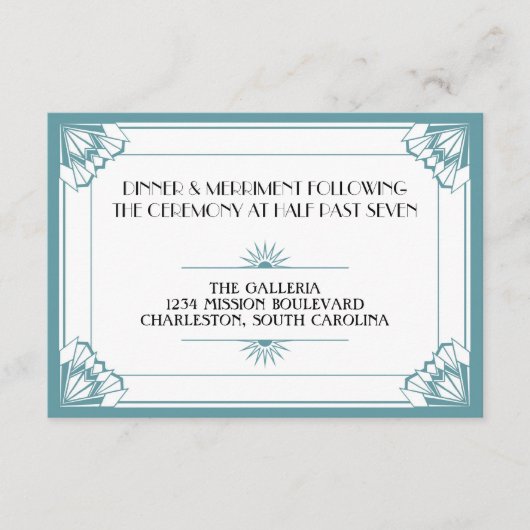 ジャズエイジの青いアートデコの結婚式の披露宴 エンクロージャーカード (正面)