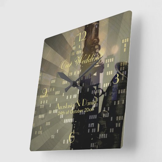 ジャズエイジングサクソフォンシティスカイライン結婚の贈り物 スクエア壁時計 (傾斜)