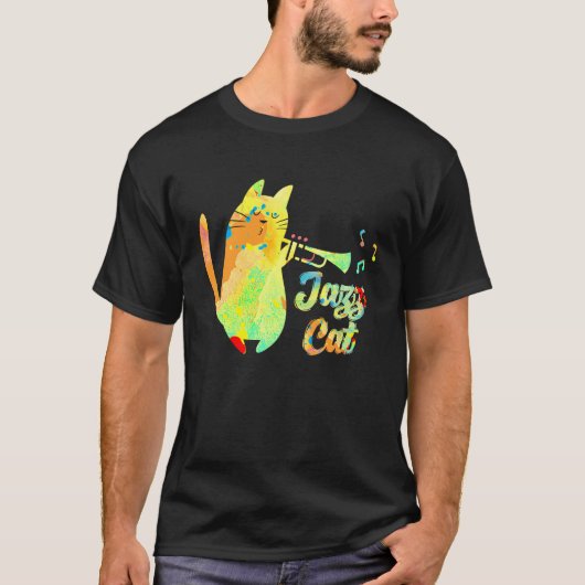 ジャズキャット遊ラッパ子猫ミュージシャン Tシャツ (正面)
