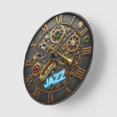 ジャズクロック、ネオンライト、トランペット、サクソフォン ラウンド壁時計 (傾斜)