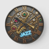 ジャズクロック、ネオンライト、トランペット、サクソフォン ラウンド壁時計 (正面)