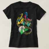 ジャズハンズサクソフォンプレイヤー音楽愛好家シンガージップ Tシャツ (デザイン正面)