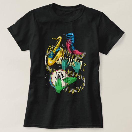ジャズハンズサクソフォンプレイヤー音楽愛好家シンガージップ Tシャツ (デザイン正面)