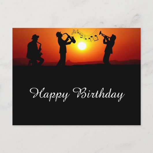 ジャズバンドのシルエット オレンジ色の夕日 誕生日 ポストカード (正面)