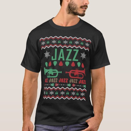 ジャズプレイヤー醜いクリスマスセーター Tシャツ (正面)