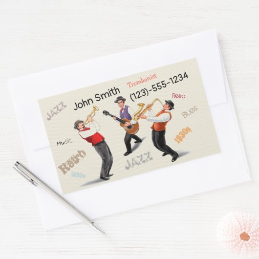 ジャズミュージシャンレトロミュージックブルースヴィンテージアー絵を描ト 長方形シール (封筒)