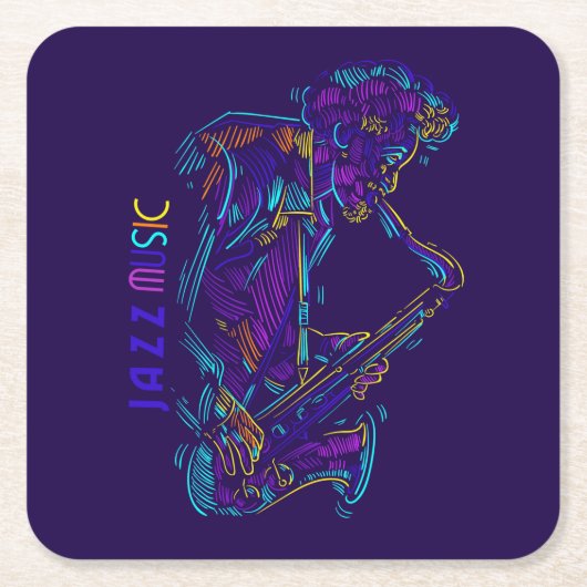 ジャズミュージック抽象芸術ネオンスケッチ スクエアペーパーコースター (正面)