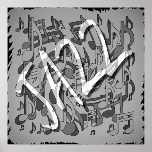 ジャズ音楽パターン ダンシング スワーリング ノート モノクロ ポスター (正面)