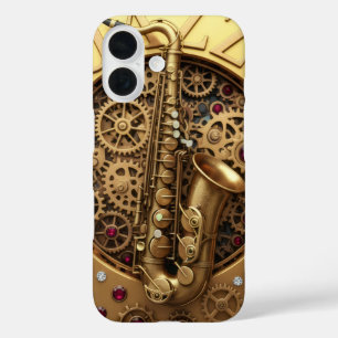 ジャズ、サックス、ゴールド、スチームパンク アート、ゴールドラグジュアリー iPhone 16ケース
