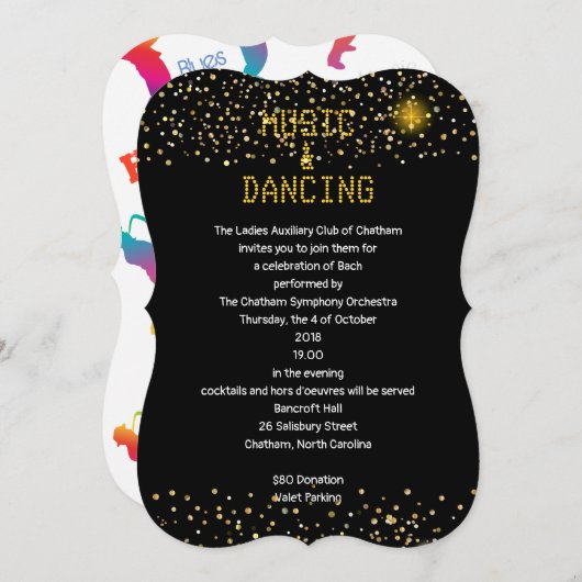 ジャズ・レトロ・ミュージック＆ダンス、ブルース・パーティー・サックス奏者 招待状 (正面/裏面)