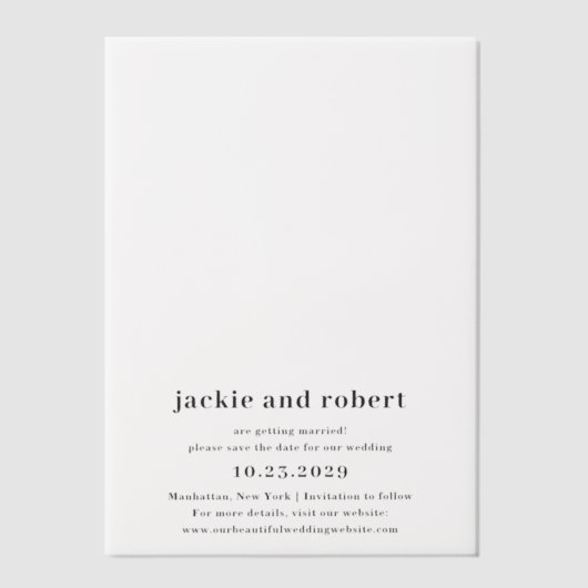 ジャッキーモダンウェディング日付の保存 ベラム紙招待状 (正面)