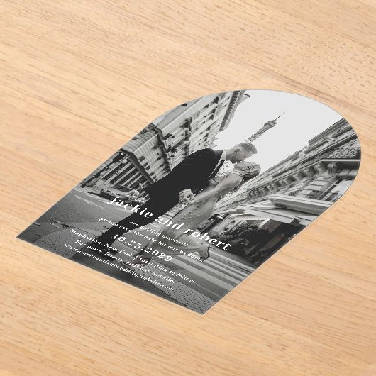 ジャッキー写真モダン結婚式の日付を保存 アクリル招待状 (レイダウン)