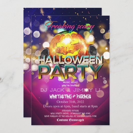 ジャックオランタンディスコボール大人ハローウィンパーティ 招待状 (正面/裏面)