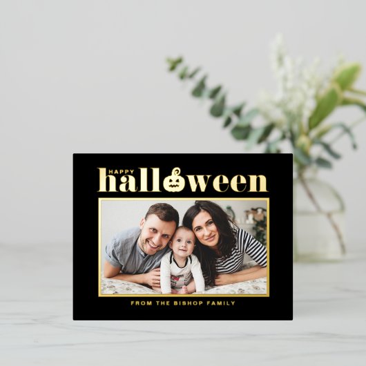 ジャックオランタンブラックとホワイトのフォトハロウィーン 箔シーズンポストカード (立ち正面)